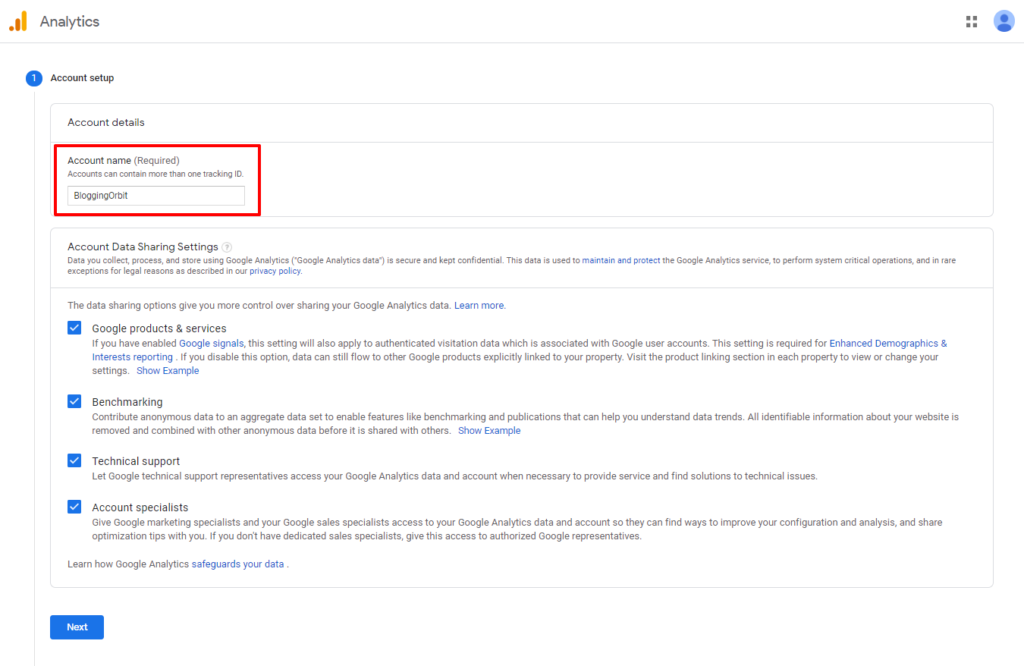 Google Analytics Account Setup - Account Name