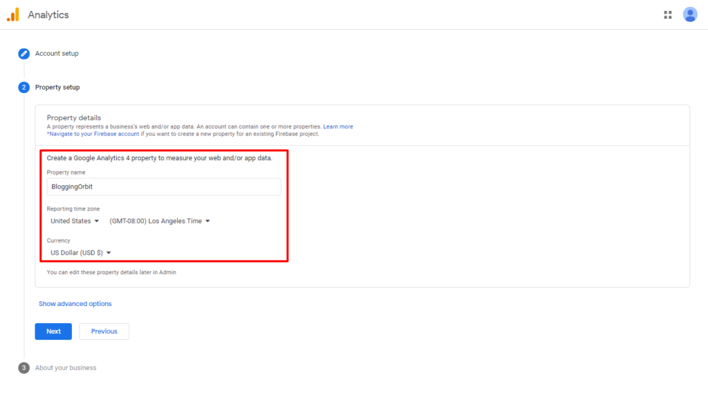 Property Setup under Google Analytics Account
